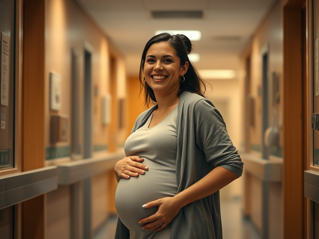 Pregnant woman smiling in a hospital hallway, wearing a gray cardigan and holding her belly.