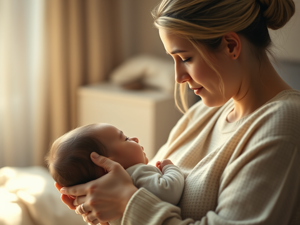 A mother lovingly gazes at her infant, holding the baby close in a cozy indoor setting.